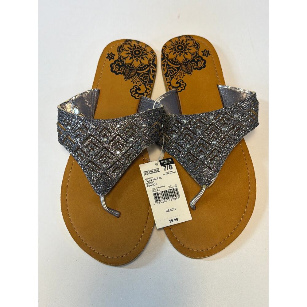 Calida Sandal Gun Metal Sparkle Color Tan Flats Women’s Size 7/8 NWT Beachwear - Picture 1 of 8